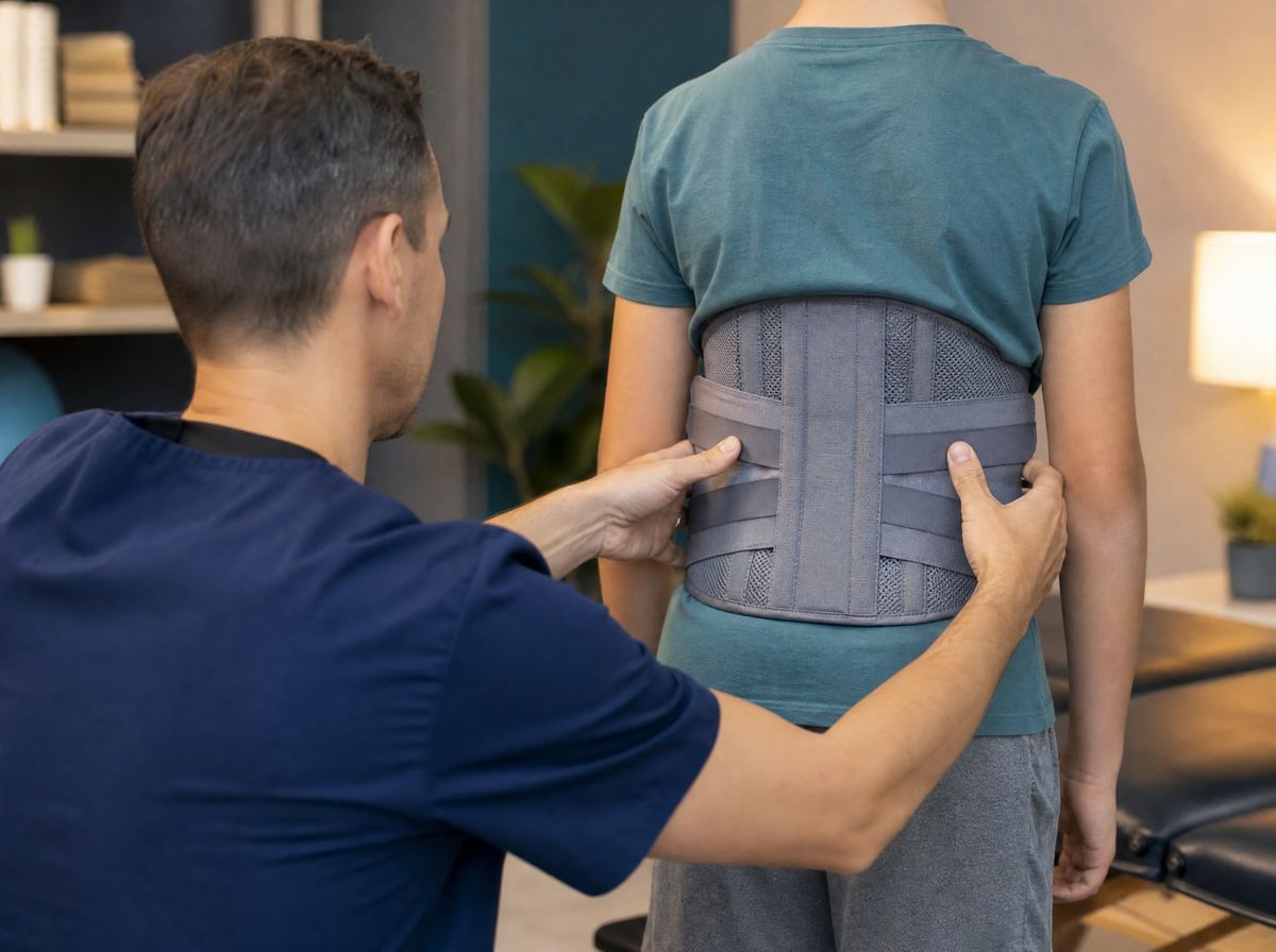 Chiropractor fitting a SpineCor scoliosis brace on a young patient